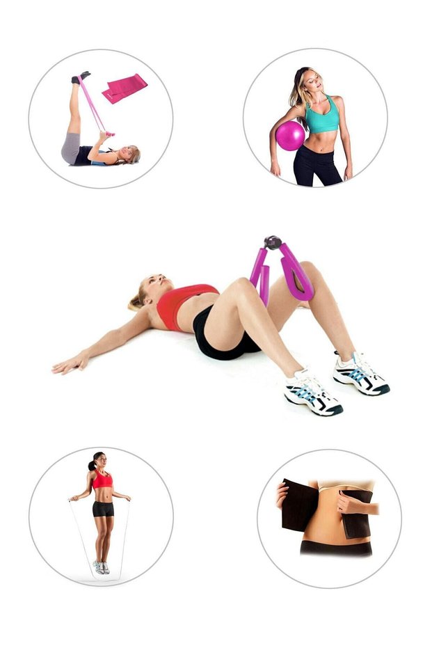 Arm, Leg and Hip Firming Tool Pink + Balance Ball + Band + Jump Rope + Thermal Belt - Set of 5