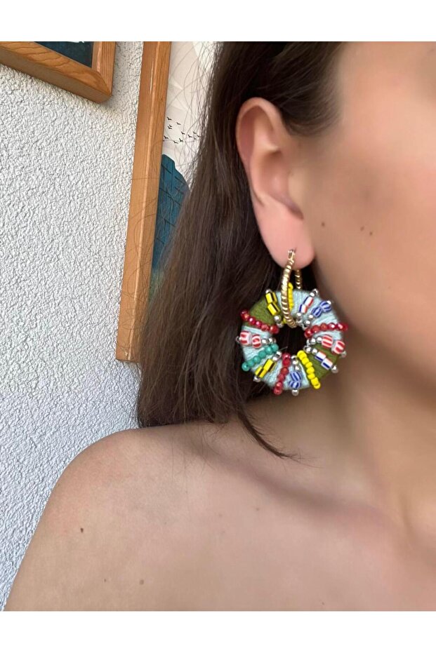 Halka Model Örme Renkli Küpe - 2