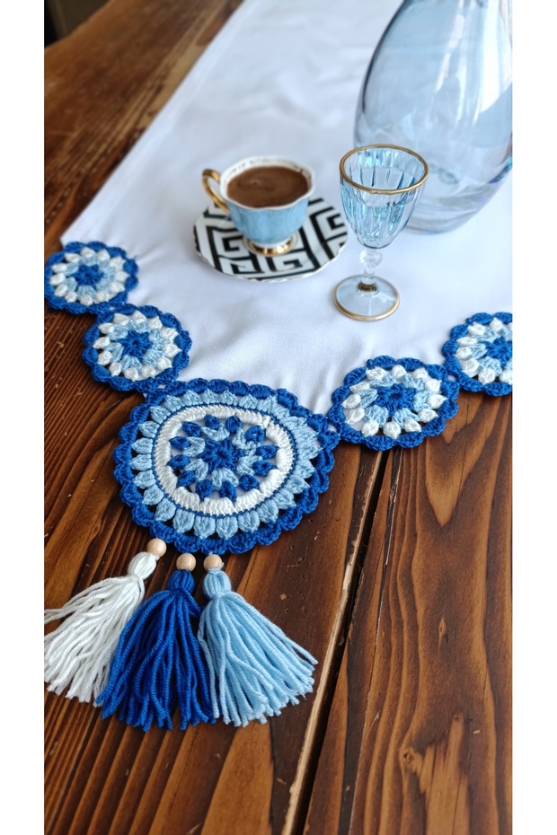 Runner Masa Örtüsü Duck Keten Kumaş Örme Dantel Püsküllü BEYAZ MAVİ 40x100 Cm - 1