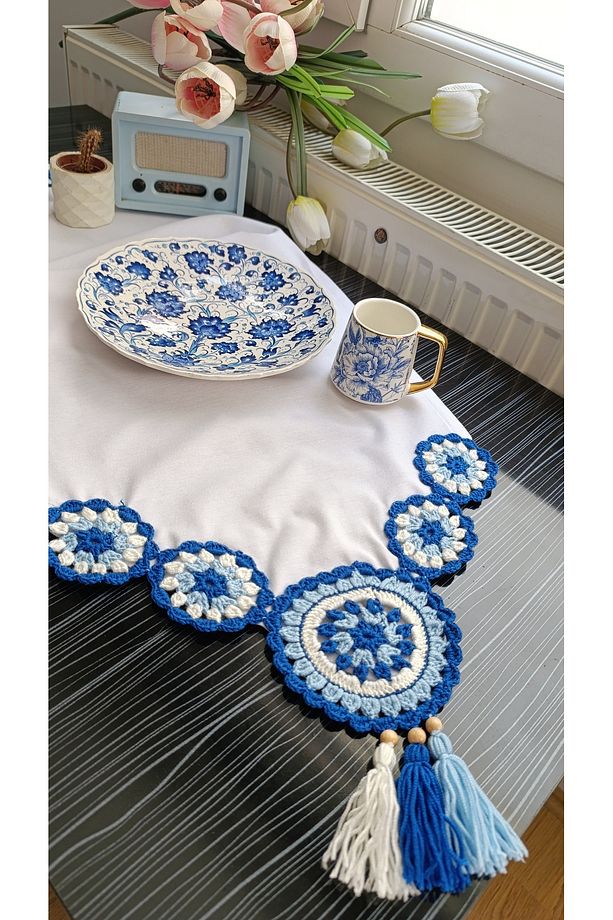 Runner Masa Örtüsü Duck Keten Kumaş Örme Dantel Püsküllü BEYAZ MAVİ 40x100 Cm - 4