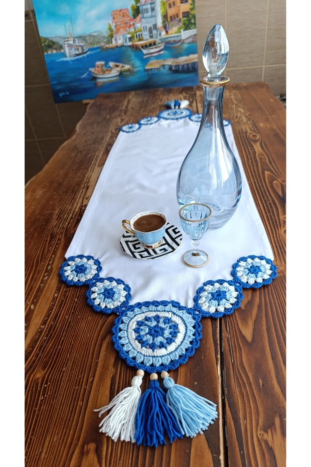 Runner Masa Örtüsü Duck Keten Kumaş Örme Dantel Püsküllü BEYAZ MAVİ 40x100 Cm - 2