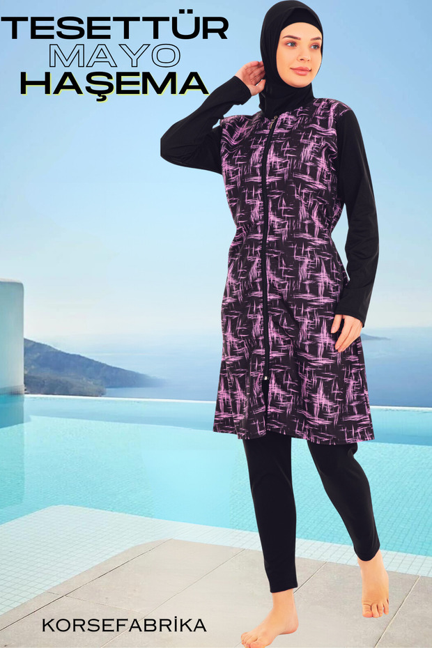 Full Covered Hijab Swimsuit Set with Patterned Tights