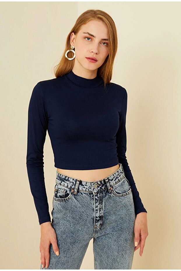 Navy Blue Women's Crop Blouse - Long Sleeve, Half Turtleneck