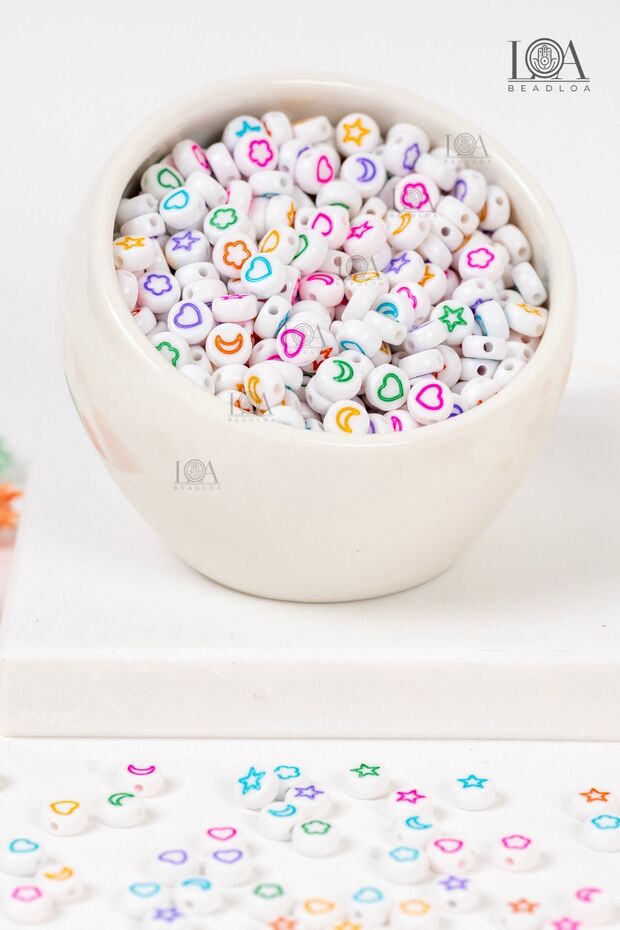 1st Quality 4x7 mm Plastic Flat Emoji Beads Heart, Star, Daisy, Moon Jewelry Accessory 25 gr 150 Pieces