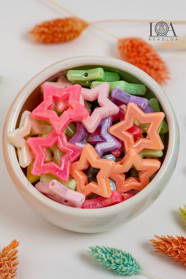 1. HIGH QUALITY COLORED Acrylic BEADS - STAR BEADS - NECKLACE, BRACELET, HAIR CLIP - ACCESSORY - 25 GR MIX 15 PIECES