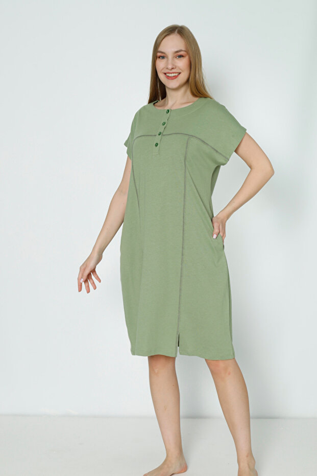 Women's Buttoned Short-Sleeved Slit Detailed Cotton Dress