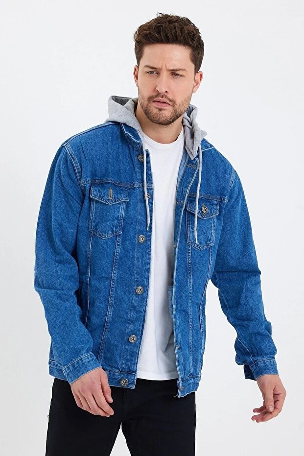 Men's Classic Urban Style Denim Hooded Jeans Jacket for Daily Use Blue