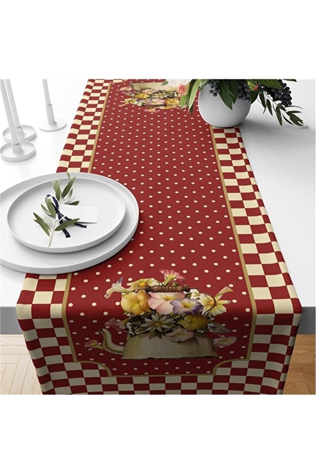 Red Gingham Flower Patterned Velvet Runner - 1
