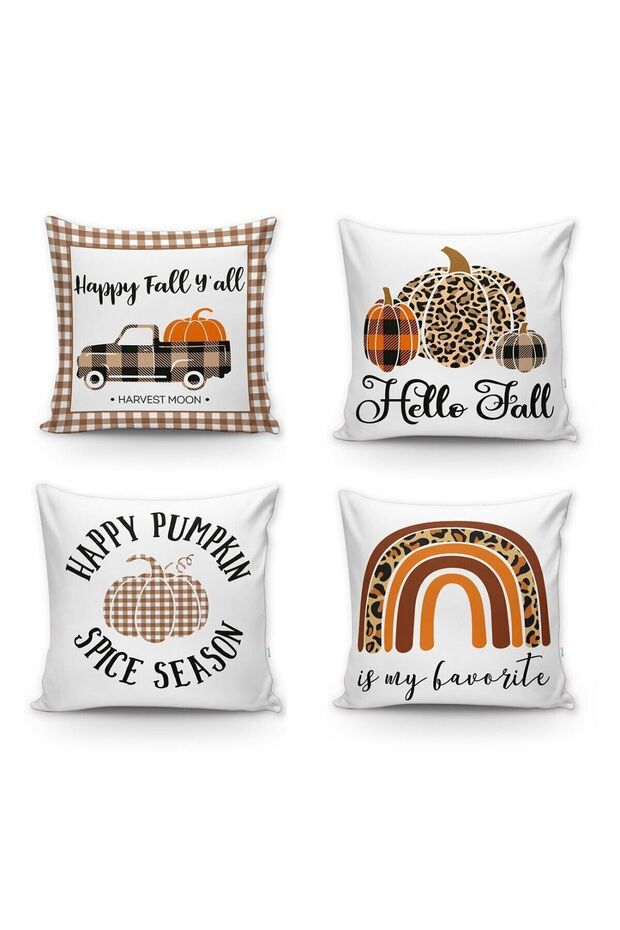 Beige And Brown Gingham Pumpkin And Rainbow Patterned 4-Piece Autumn Throw Pillows