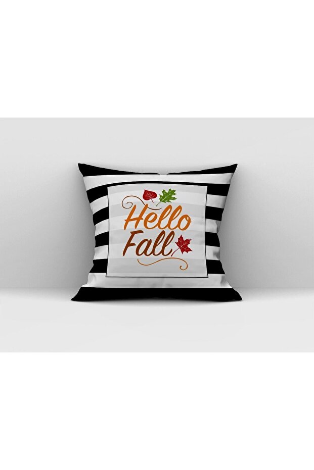 Leaf Patterned Hello Fall Written Throw Pillow Cover - 1