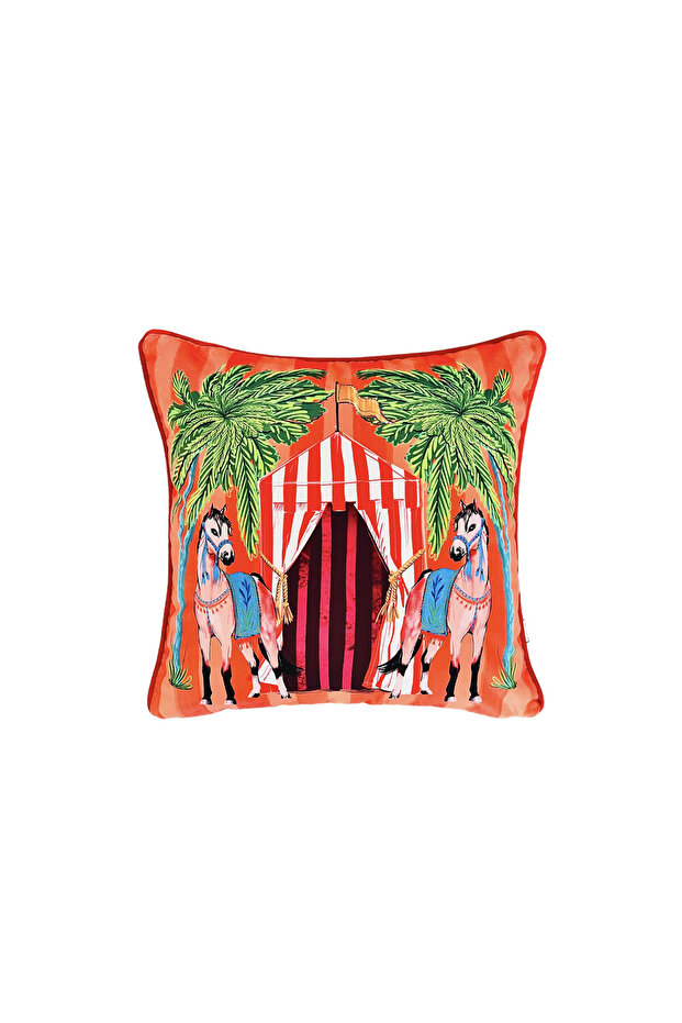 Horse Patterned Orange Velvet Cushion Cover (50 X 50)
