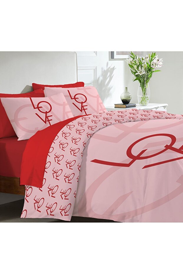 طقم غطاء لحاف مزدوج مطبوع عليه قلب، عيد الحب، مقاس 200 × 220 سم بدون ملاءات