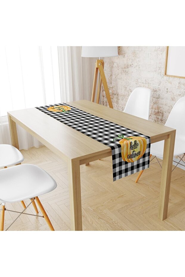 Evmila Gingham Pattern Runner with Pumpkin Figure Llrn 33 - 1