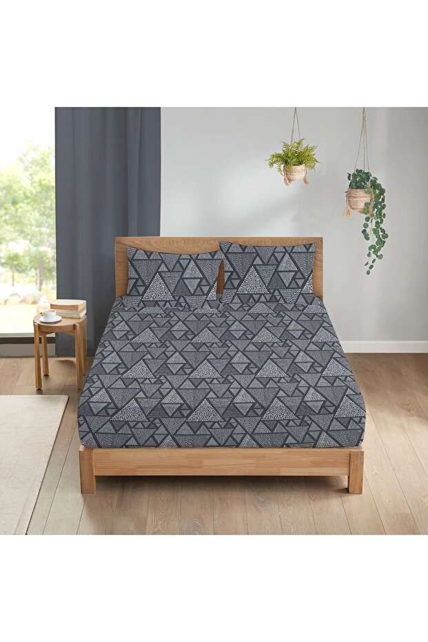Triangle Pattern Printed Double Sheet Set 160x200 Cm - Black