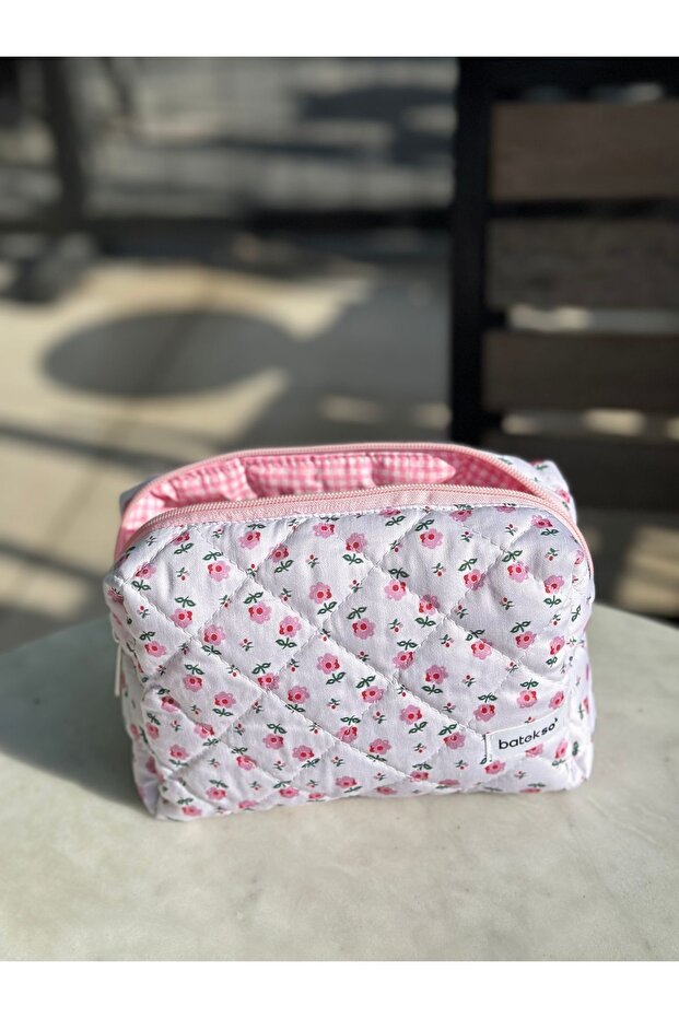 Tiny Pink Floral Patterned Makeup Bag - Large Size - 3
