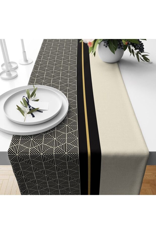 Cream And Black Pattern Velvet Runner