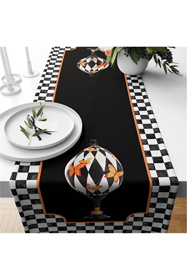 Black Gingham Patterned Velvet Runner - 1