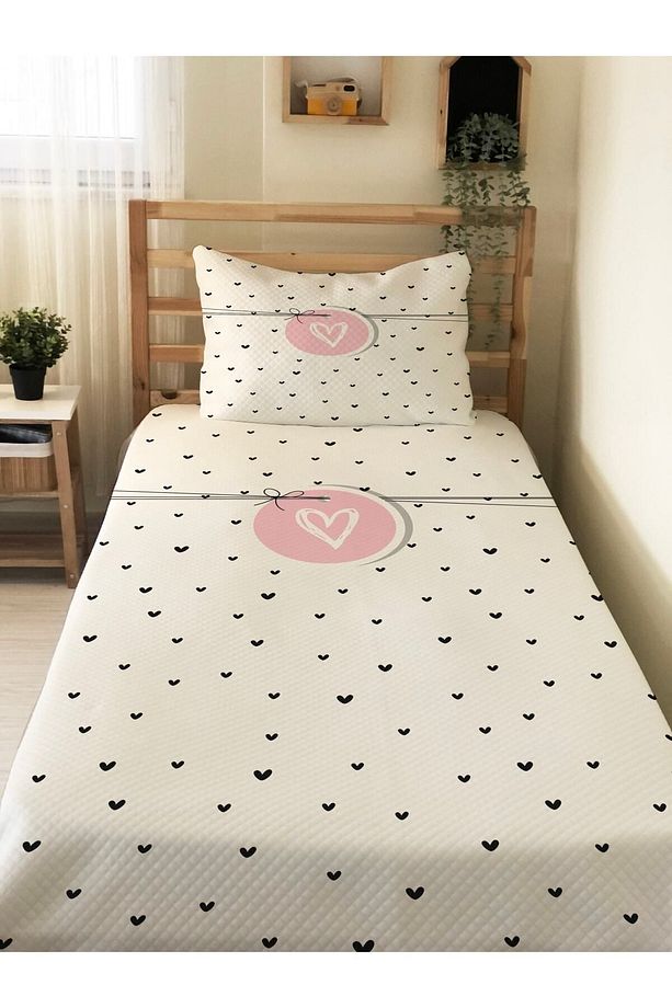Kalp Desenli Bebek Ve Çocuk Baskılı Tek Kişilik Pike Takımı 160x230 Beyaz - 1