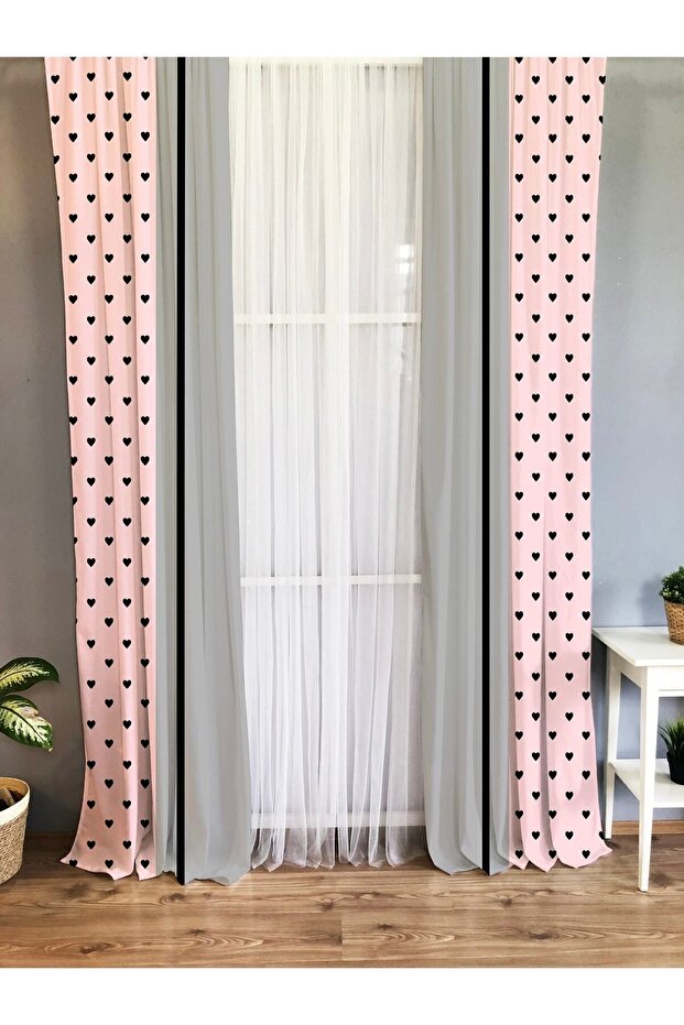 Baskılı Puantiye Desenli Tek Kanat Kadife Doku Fon Perde - Gri Ve Pembe - 1