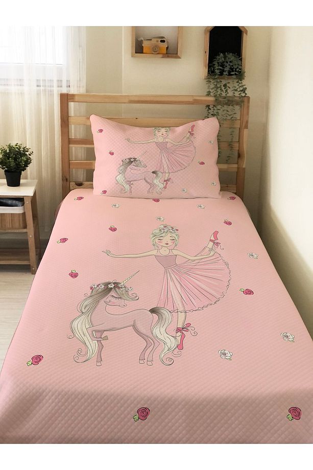 Balerin Kız Ve Unicorn Desenli Bebek Ve Çocuk Baskılı Tek Kişilik Pike Takımı 160x230 Pembe - 1