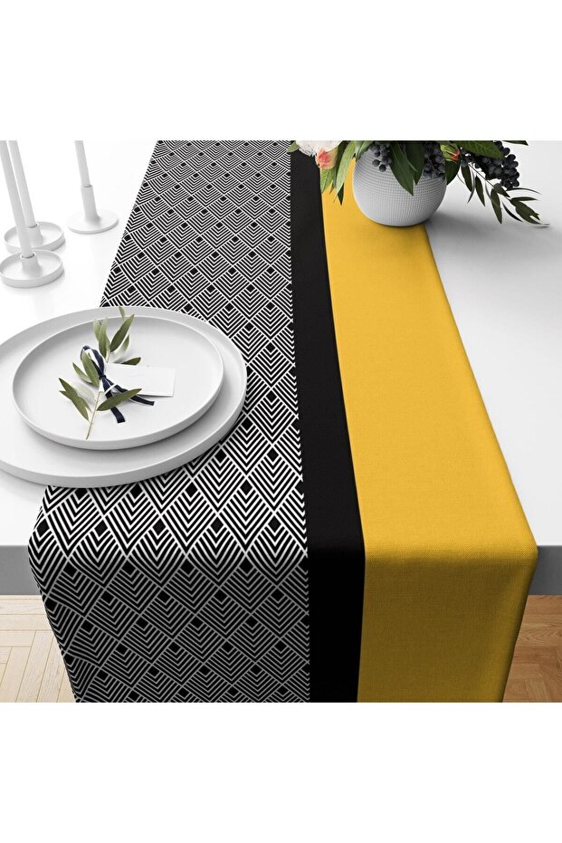 Yellow And Black Pattern Velvet Runner