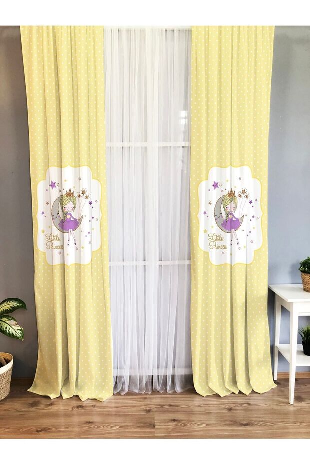 Baskılı Ay Kız Desenli Tek Kanat Kadife Doku Fon Perde - Sarı - 1