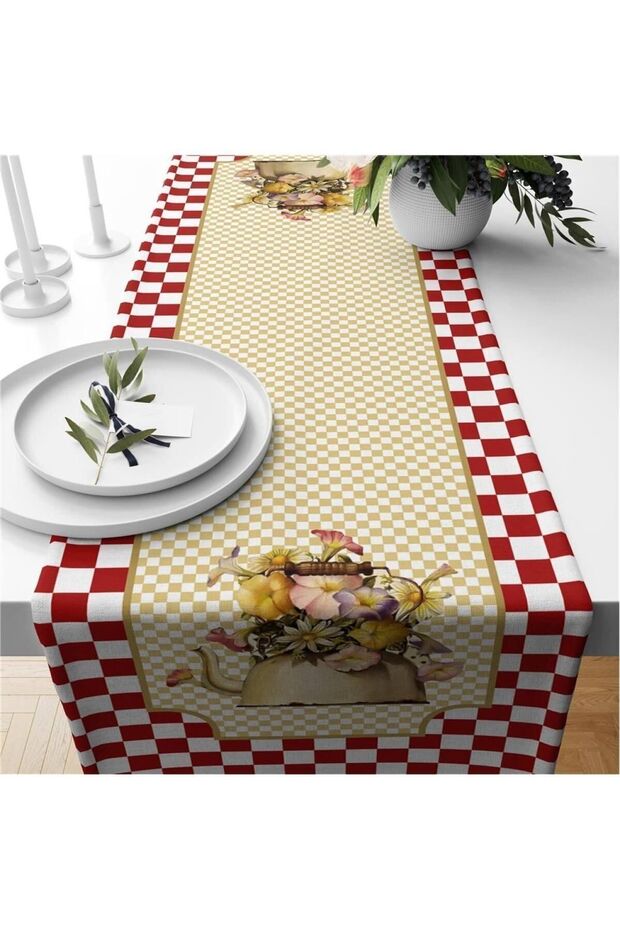 Red Gingham Jug Patterned Velvet Runner - 1