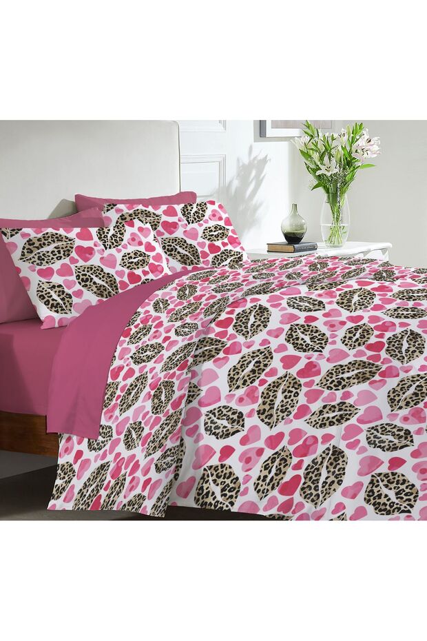 طقم غطاء لحاف مزدوج مطبوع عليه قلب، عيد الحب، مقاس 200 × 220 سم بدون ملاءات