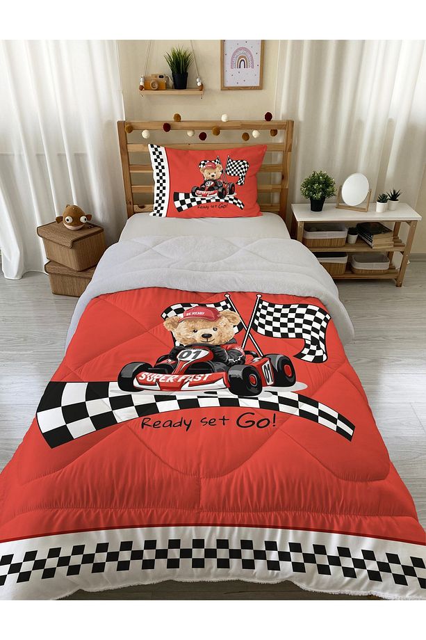 Yarışcı Teddy Desenli Tek Kişilik 160x220 Cm Wellsoft Çift Taraflı Silikon Yorgan Ve Uyku Seti - 1