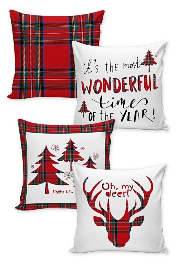 Evmila New Year Pattern 4-Piece Throw Pillow Cover Set