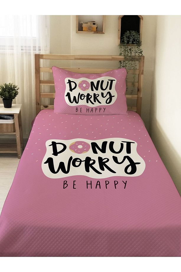 Donut Desenli Genç Ve Çocuk Baskılı Tek Kişilik Pike Takımı 160x230 Pembe - 1