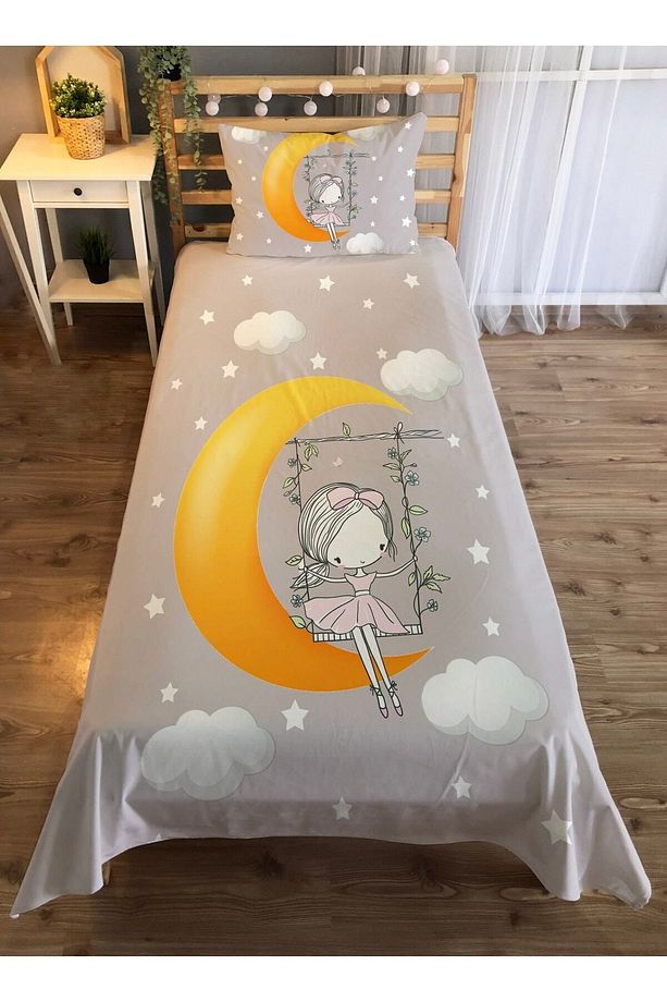 Sallanan Kız Ve Ay Desenli Tek Kişilik Kadife Yatak Örtüsü -gri - 1