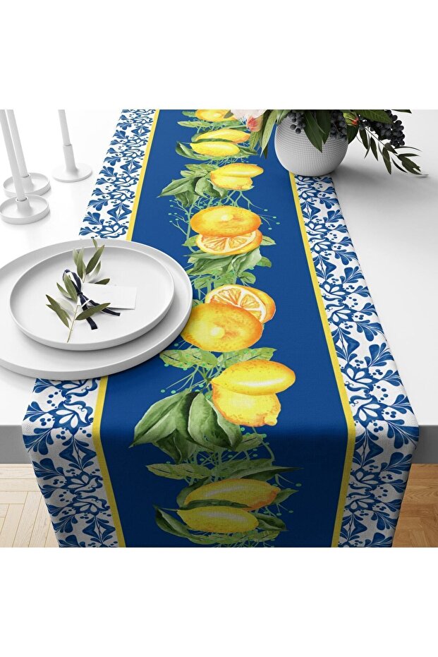 Blue Gingham Lemon Pattern Velvet Runner - 1