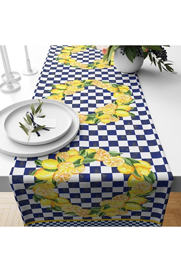 Lemon Patterned Blue Velvet Runner - Gingham - 1