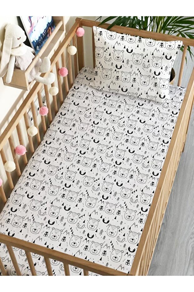 New Year's Theme Teddy Bear Pattern Printed Baby Size Elastic Sheet Set