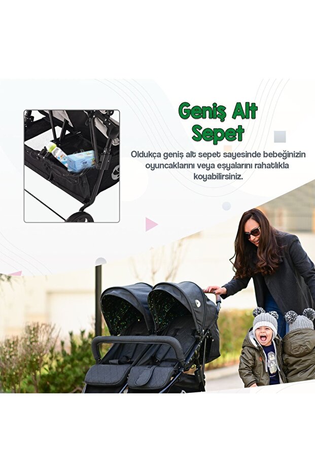 Duo Ikiz Bebek Arabası - Grey Dots - 8