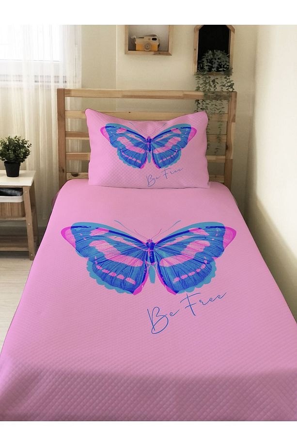 Kelebek Desenli Genç Ve Çocuk Baskılı Tek Kişilik Pike Takımı 160x230 Pembe - 1