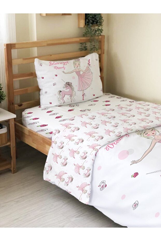 Double Sided Ballerina and Unicorn Patterned - Printed Single Duvet Cover Set White - 2