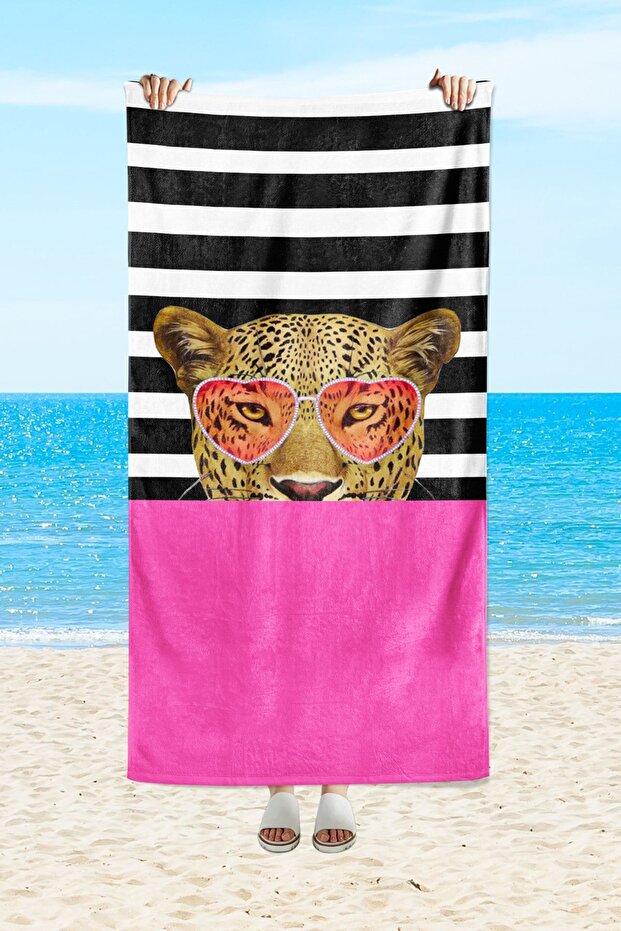 Pink EVMİLA Sea and Beach Towel - Tiger Pattern Print