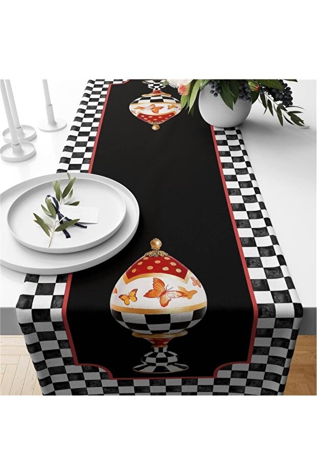 Black Gingham Patterned Velvet Runner