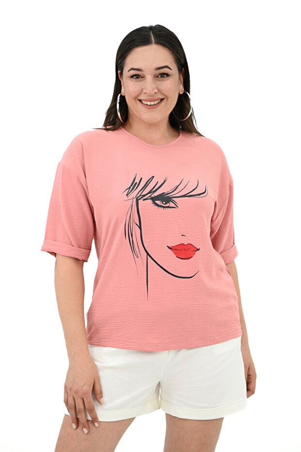 Women's Large Size Face Printed T-Shirt 1788-25
