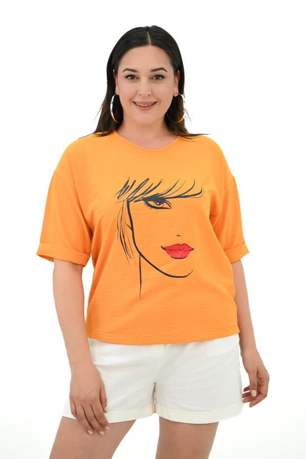 Women's Large Size Face Printed T-Shirt 1788-25