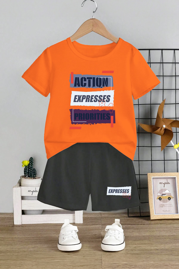 Crew Neck Children's Set with Elastic Shorts - Action Expresses Printed, Set of 2 11228 - 1