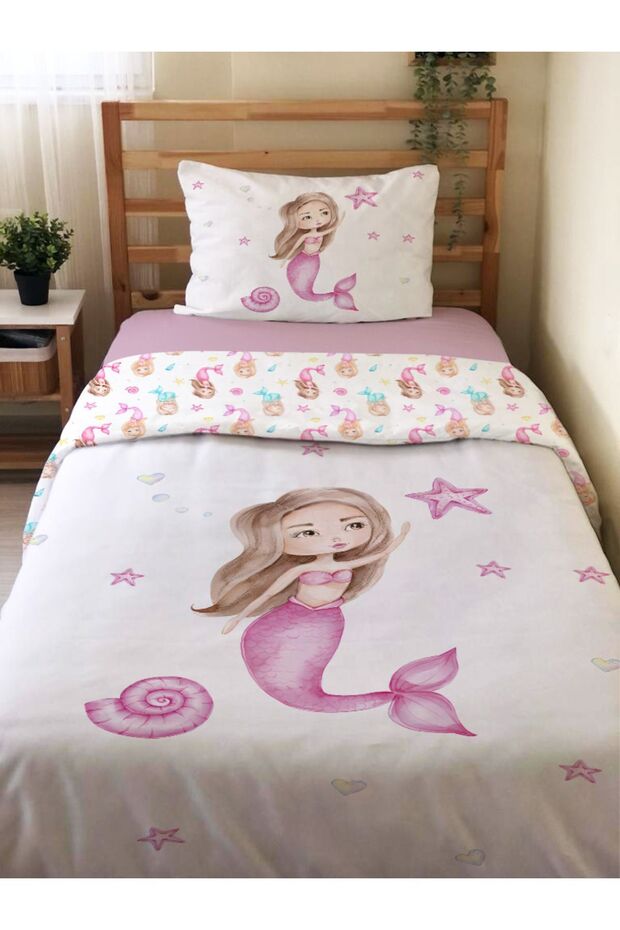 طقم غطاء لحاف فردي مكون من قطعتين بنمط حورية البحر على الوجهين بدون ملاءات مقاس 160 × 220 سم