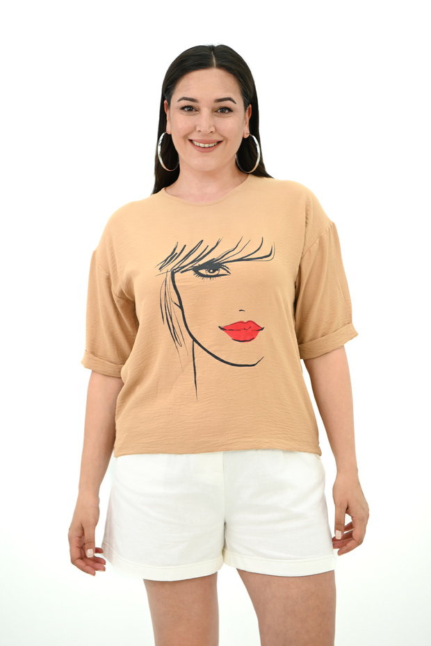 Women's Large Size Face Printed T-Shirt 1788-25