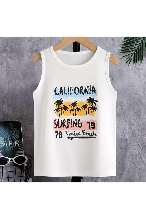 Boys' and Girls' White Sleeveless Cotton JERSEY Shirt with California Surfing Print