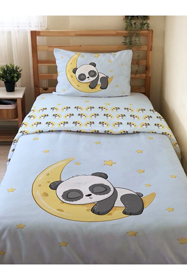 Double Sided Moon Panda Patterned 2-Piece Set Without Sheets Printed Single Duvet Cover Set Blue