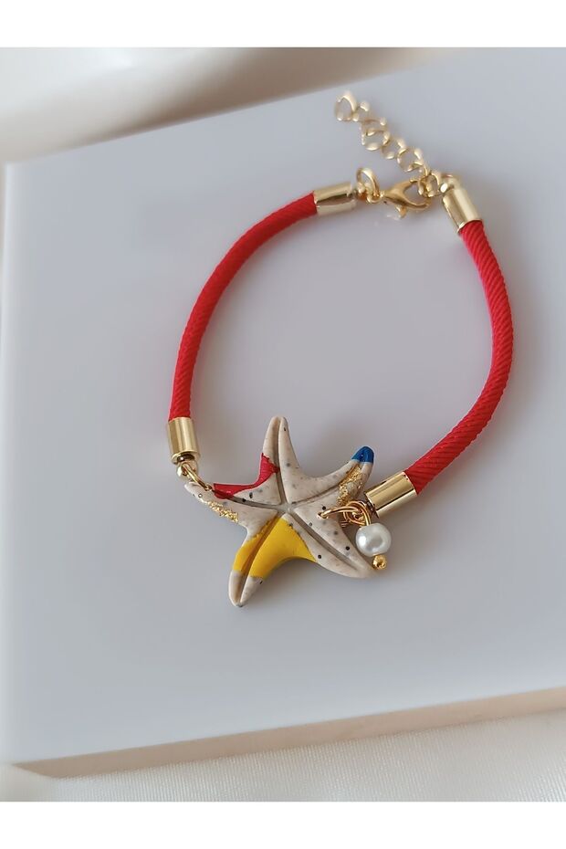 Pearl Detail Starfish Red Cord Special Design Handmade Polymer Clay Bracelet