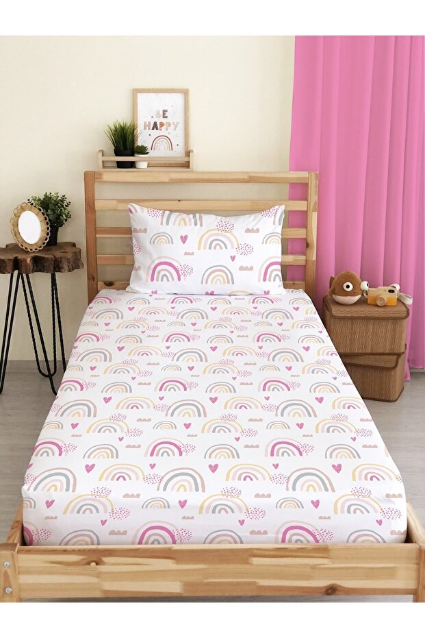 Rainbow Pattern Printed Single 100x200 Cm Elastic Sheet Set White