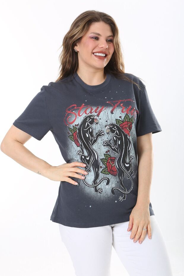 Women's Charcoal grey Size Dark Gray Cotton Short-Sleeved Blouse with Print and Stone Embellished 65N38036